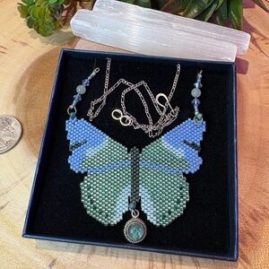 Sterling Silver Butterfly Beaded Necklace in Green and Blue 🩵💚🩶